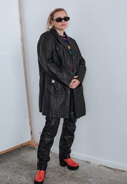 Vintage 90s Oversized Long Black Leather Women Jacket L