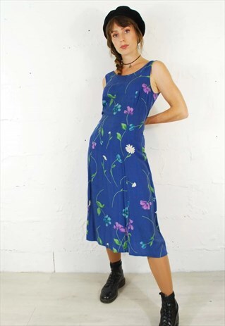 VINTAGE 90S FLORAL MIDI DRESS BLUE