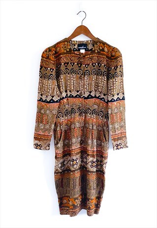 VINTAGE 70S BROWN ABSTRACT PRINT LONG SLEEVED DRESS