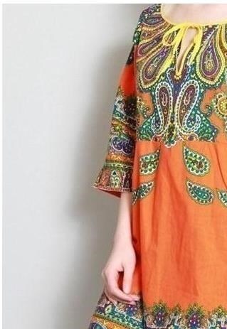 VINTAGE 1970'S VIBRANT ORANGE PAISLEY PATTERNED BOHO DRESS