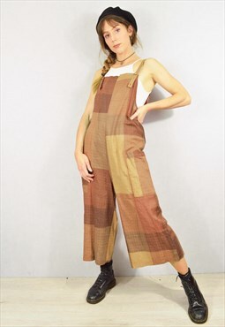 Patterned Dungarees Relaxed Fit 3/4 Length Coffee Patchwork