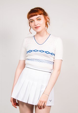 70'S VINTAGE WHITE KNIT V-NECK TOP