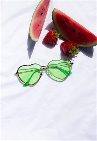 GREEN RIMLESS COLOUR TINT HEART SUNGLASSES