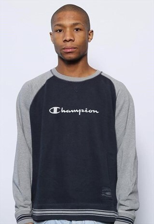 VINTAGE CHAMPION SPELLOUT SWEATSHIRT NAVY BLUE AND GREY