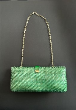 70's Green Wicker Gold Chain Vintage Shoulder Clutch Bag