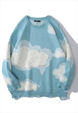 Cloud fleece knitted sweater in blue fluffy sky print jumper