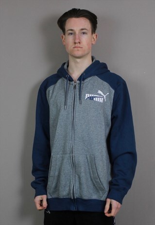 VINTAGE PUMA ZIP HOODIE IN GREY AND BLUE WITH GRAPHIC PRINT