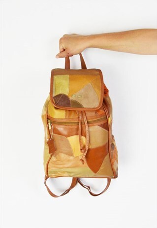 BROWN LEATHER PATCHWORK BACKPACK BAG