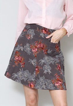 70's Vintage Ladies Skirt Cord Grey Floral A Line Mini