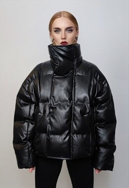 Faux leather puffer jacket utility PU bomber raised neck