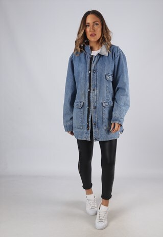 VINTAGE DENIM JACKET OVERSIZED LONG TARTAN LINED UK 14 (GO1O