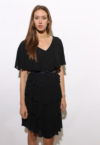 VINTAGE 1980'S 80'S BLACK CHIFFON BEADED TIERED DRESS M-L