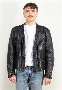 Vintage 80's Men Leather Biker Jacket in Black