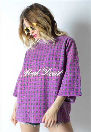 VINTAGE 80S PURPLE SHORT SLEEVE CROPPED SWEATSHIRT TOP