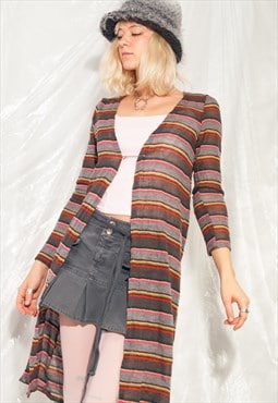 Vintage Knitted Cardigan Y2K Long Top in Grey Striped