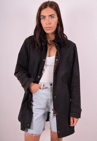 BARBOUR WOMENS VINTAGE WAXED COTTON JACKET LARGE BLACK 90S