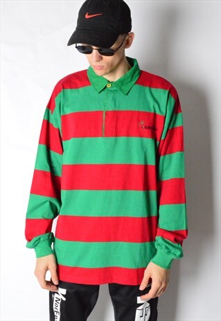 VINTAGE 90S RED GREEN STRIPED POLO SHIRT