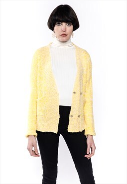 Fine Knit V Neck Cardigan with Pockets in Yellow