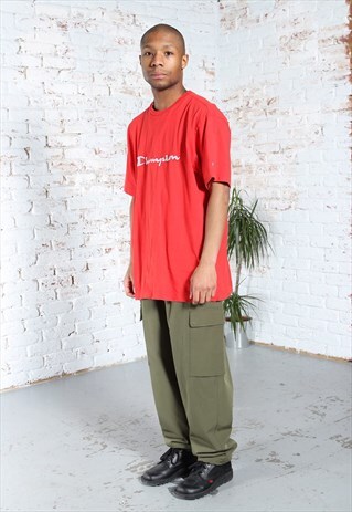 VINTAGE CHAMPION BIG EMBROIDERED LOGO T-SHIRT RED