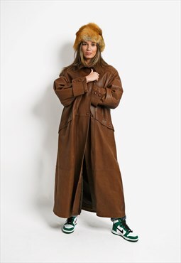 Vintage 90s leather long coat brown women's oversized
