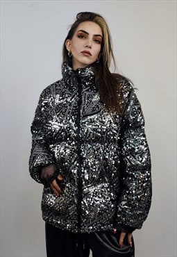 Silver sequin bomber glitter jacket metallic puffer party