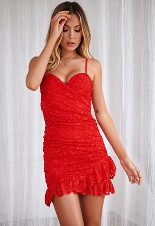 RED DELICATE LACE DRESS W/ SHEER SHIRRED BACK DETAIL