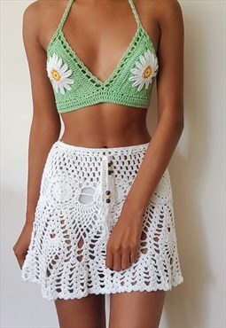 Green and white Daisy crochet co-ord, skirt and  bralette