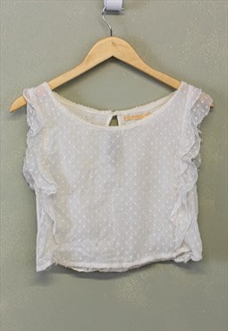 Vintage Y2K Dotted Ruffle Mesh Top White Cropped 