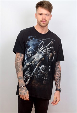 1990'S VINTAGE BLACK GRAPHIC HEAVY METAL PRINT T-SHIRT