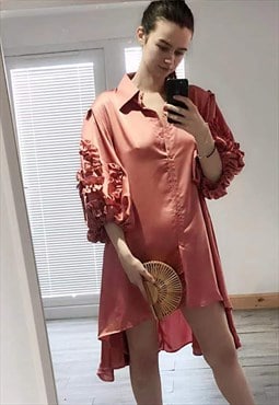 floral design oversized sleeves shirt dress in dusty pink