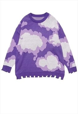 Cloud print sweater sky graphic knitwear rip jumper purple