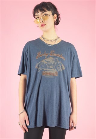VINTAGE HARLEY-DAVIDSON T-SHIRT IN BLUE WITH BOSTON PRINT