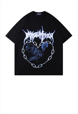 Heart print t-shirt Y2K chain flame Gothic tee in black