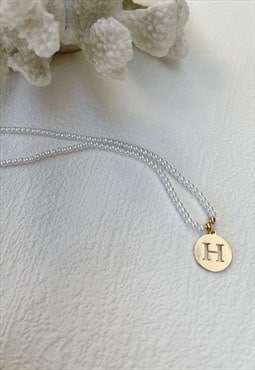 Gold Letter Faux Pearl Initial  H Charm Pendant  Necklace