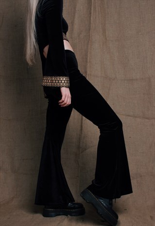 BLACK HIGH WAISTED VELVET BELL BOTTOM FLARES