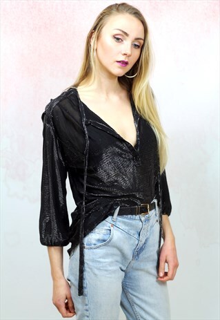 1990S VINTAGE BLACK LUREX SILVER SHIMMER TIE UP TOP