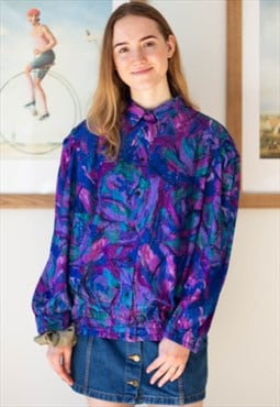 Bright blue purple and green long sleeve shirt blouse