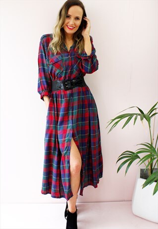 VINTAGE 80'S PLAID PRINT LONG SLEEVE FLARES SHIRT MAXI DRESS