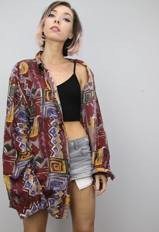 VINTAGE 80S/90S OVERSIZED PATTERNED SILK SHIRT