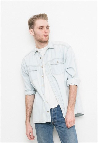 VINTAGE DENIM SHIRT LIGHT BLUE RETRO AUTUMN MEANSWEAR