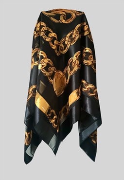 80's Black Sheer Gold Gilt Chain Link Printed Baroque Scarf