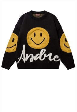 Emoji sweater knitted smile jumper retro raver top in black