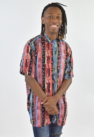 VINTAGE 90S RED BLUE ABSTRACT PATTERNED SHIRT