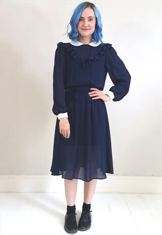 VINTAGE 80'S SHEER NAVY BLUE WHITE COLLAR DRESS