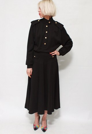 VINTAGE 80'S BEAUTIFUL ELEGANT BLACK LONG DRESS WITH BUTTONS