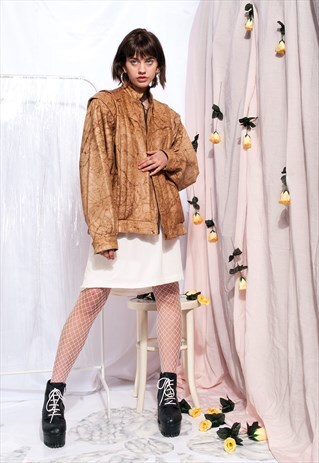 VINTAGE LEATHER JACKET 80S MARBLE PATTERN BOMBER JACKET
