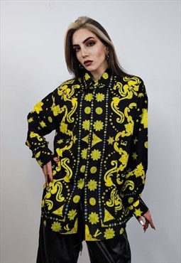 Baroque shirt golden chain print long sleeve blouse in black