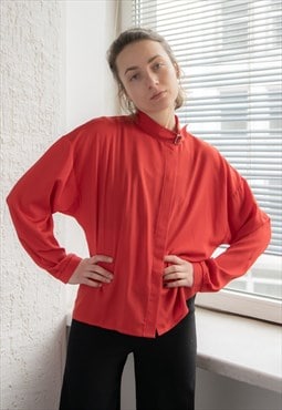 Vintage 80's Red High Buckle Collar Long Sleeved Blouse