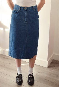 Vintag 00s Y2K Denim Midi Skirt Blue with Slit