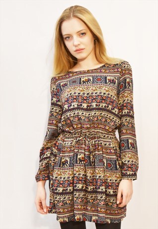 ELEPHANT PAISLEY PRINT COTTON DRESS (BROWN)